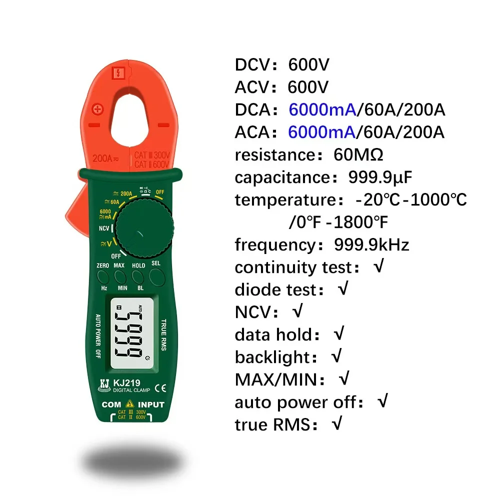 KJ219 600V Clamp Meter TRUE RMS High-Precision AC / DC Digital 6000mA / 60A /200A