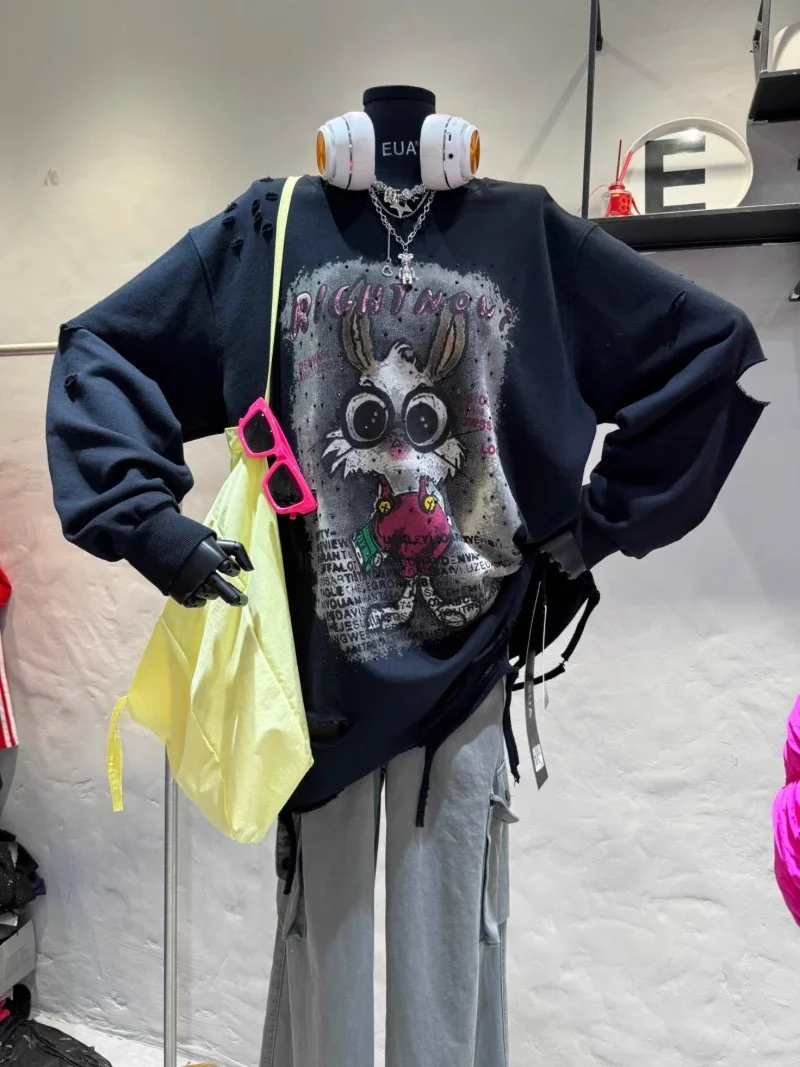 2024 New Ripped Long-sleeved Sweatshirts Female Fashion Sticker Diamond Cartoon Rabbit Design Sense Loose And Thin Outer Hoodies