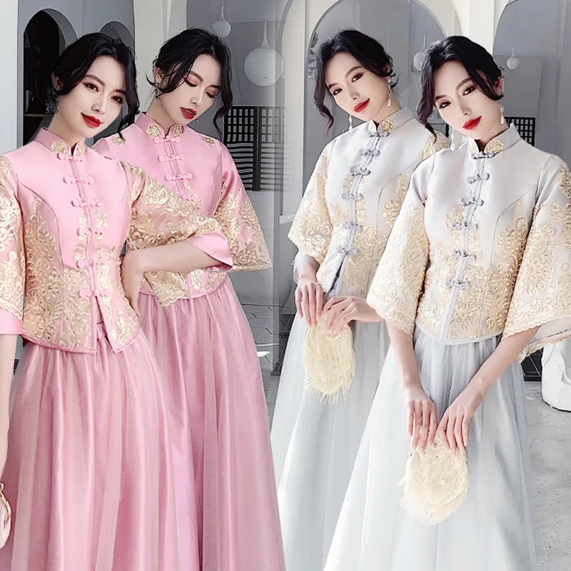 Vintage Button Bridesmaid Wedidng Dress Chinese Style Flower Cheongsam Vestidso Women Elegant Mandarin Collar Embroidered Qipao