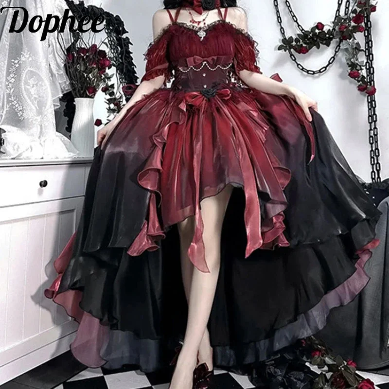 Dophee Abito da sposa originale con fiori rossi da sposa Abito Lolita di lusso pesante da donna Elegante abito da principessa con strascico sul pavimento