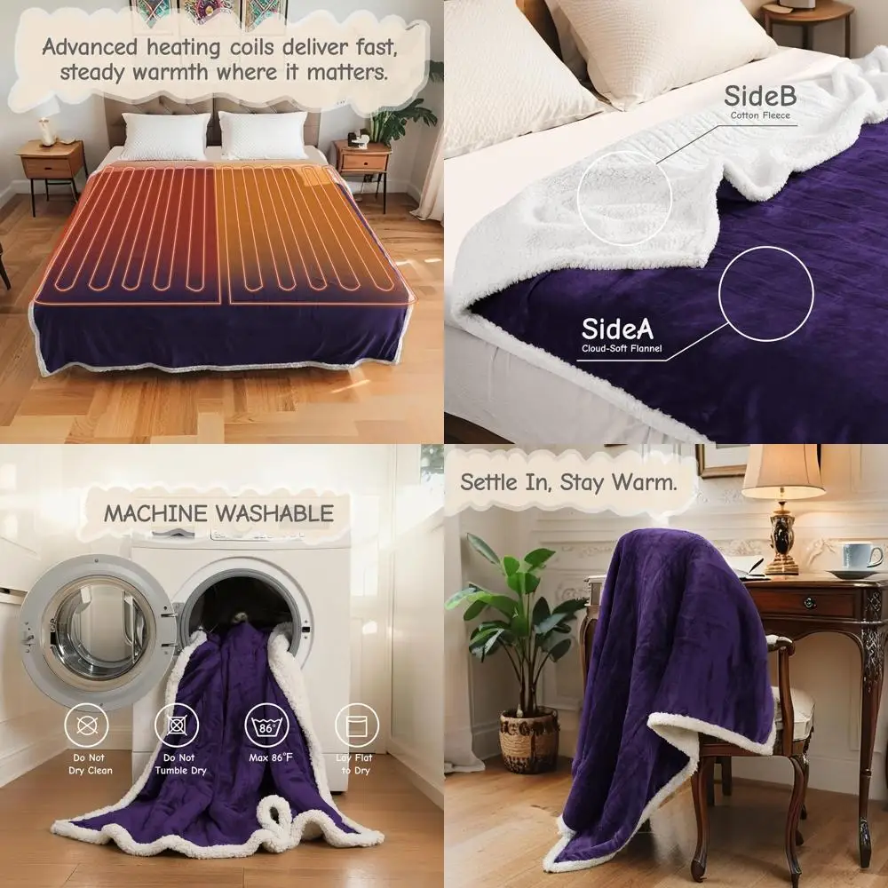 

Queen Size Electric Blanket 84x90, Soft Flannel, Dual Control, 6 Heat Levels, Auto-Off, Overheat Protection, Purple