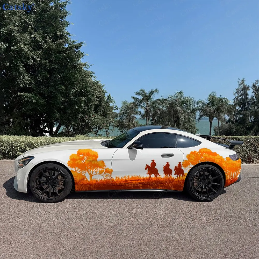 2pcs Western Autumn Trees & Riders Car Side Wraps, Self-Adhesive PVC Waterproof & Scratch-Resistant Stickers, Car Accessory Gift