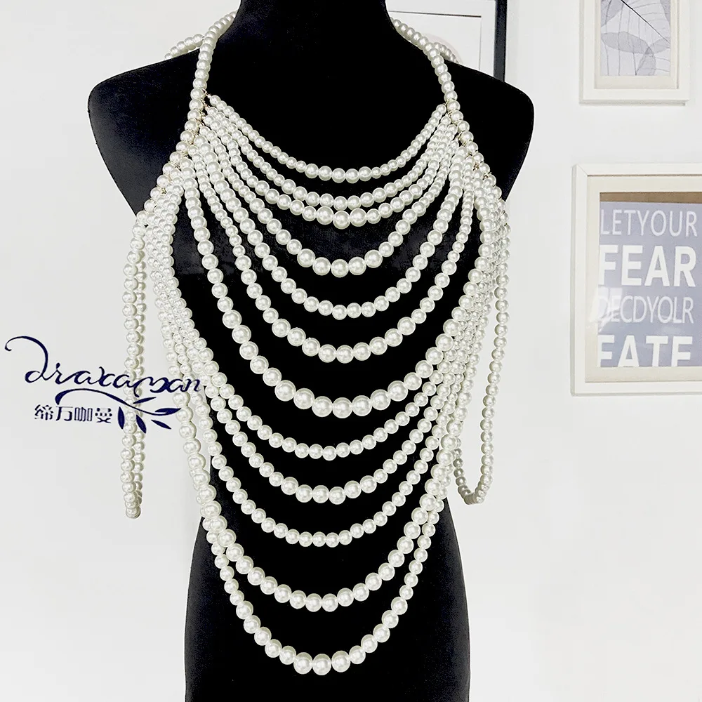 Girlgo Multi Layered Pearl Body Chain Body Chain Fashion Exaggerated Necklace Retro Shawl High End Sexy Dress