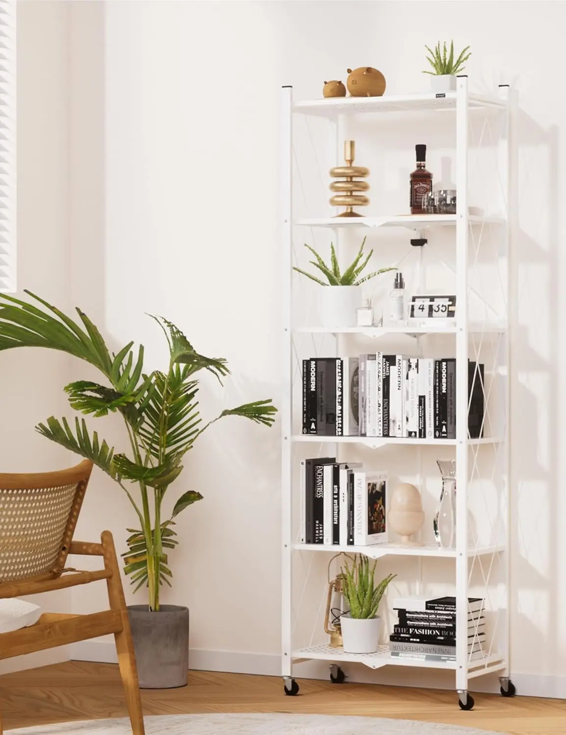 73.6 In Folding Bookshelf, 6 Tier Metal Bookcase and Bookshelves, Tall Shelves for Living Room Office Bedroom, Heavy Duty