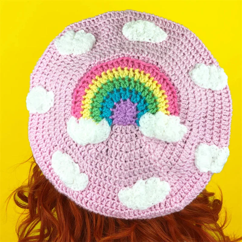 Handmade crocheted Rainbow cloud pattern style painter Beret For adults children Cute Winter outdoor commuting beret hat