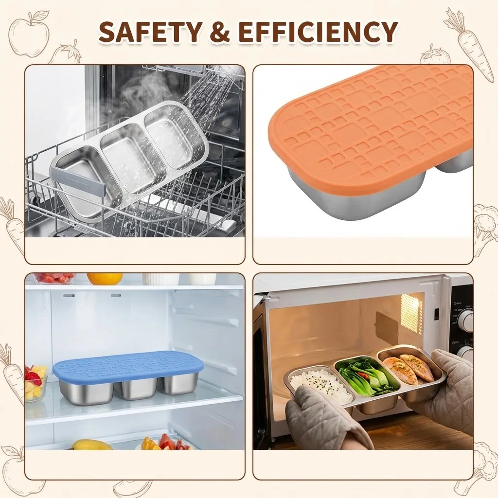 3 Compartment Stainless Steel Bento Box Reusable Silicone Lid Portable Divided Food Tray For Kids Adult Picnic Camping Travel