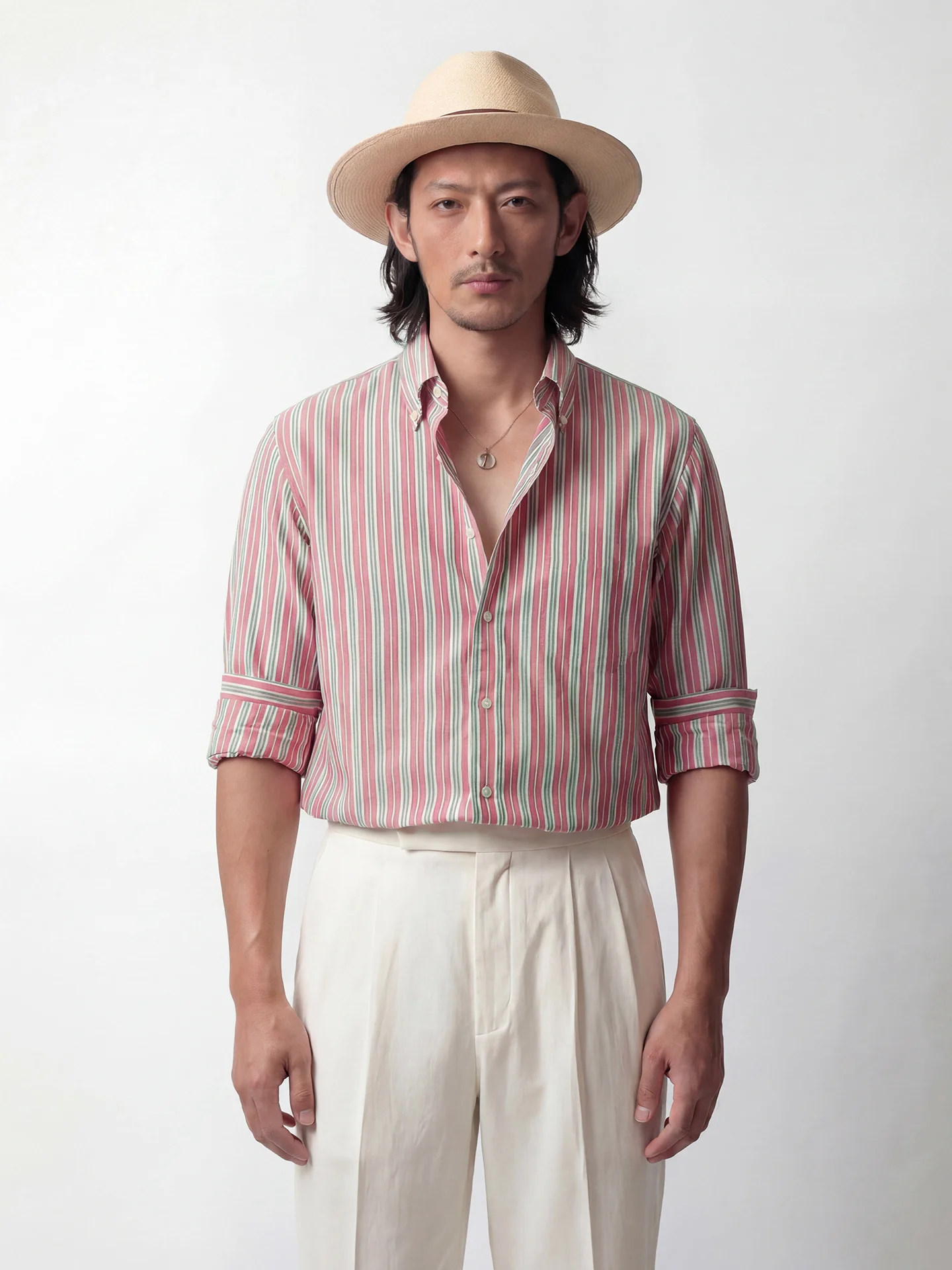 

SOARIN British Retro Striped Long Sleeve Shirt Men's Breathable Button-Up Pink Cotton Polyester Spring Summer Gentleman Style