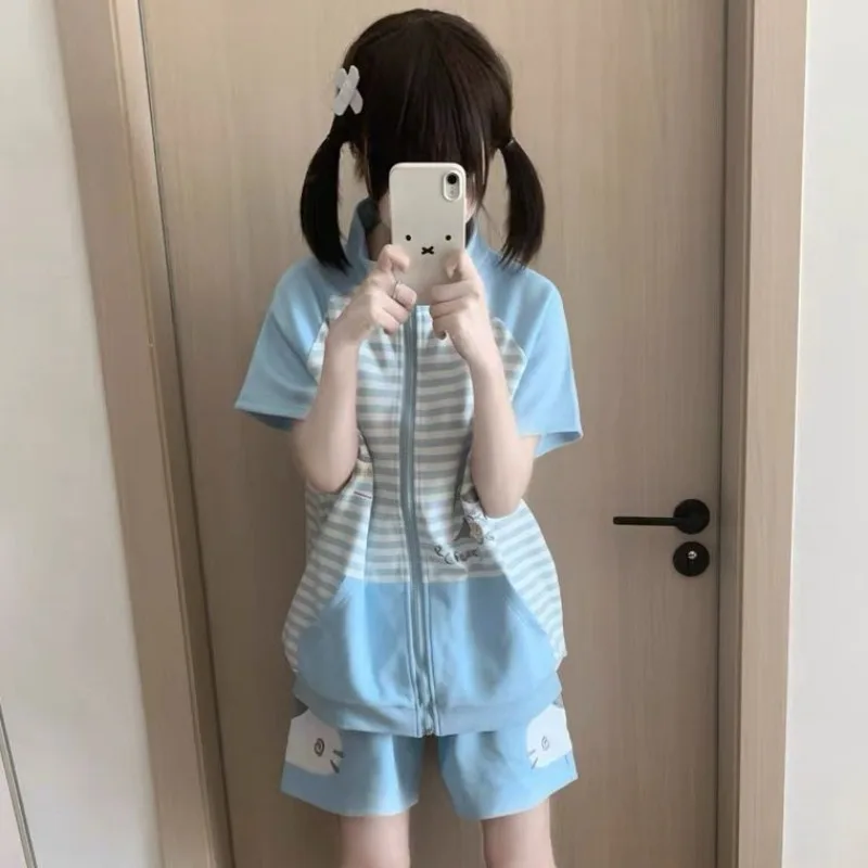 Sweet 2-piece Set Summer Cat Embroidery Patchwork Tops Shorts Zip Sweatshirt Anime Women Aesthetic Streetwear Short-sleeved Top