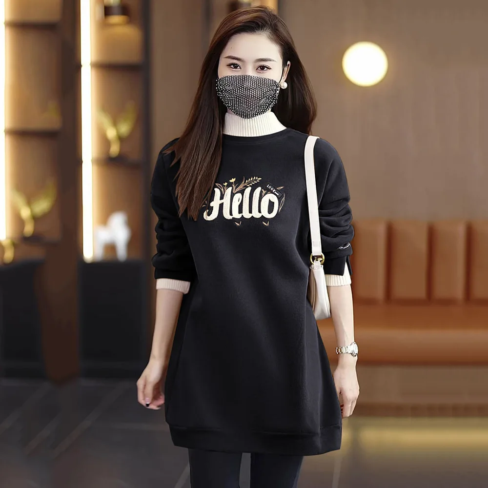 New Women Autumn Winter Velvet Lining Sweatshirt Fashion Half High Collar Embroidery Sweatshirt Casual Loose Thick Pullover