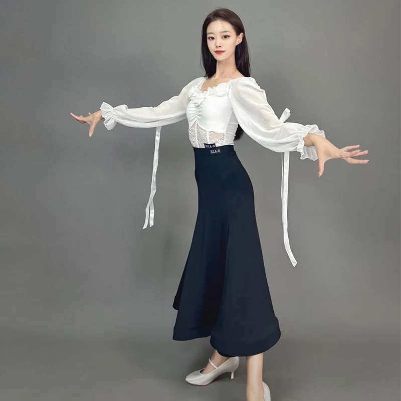 White Black Tops Skirt Adult Standard Competition Dress Ballroom Dance Dress Women Waltz Dance Performance Costume Lace