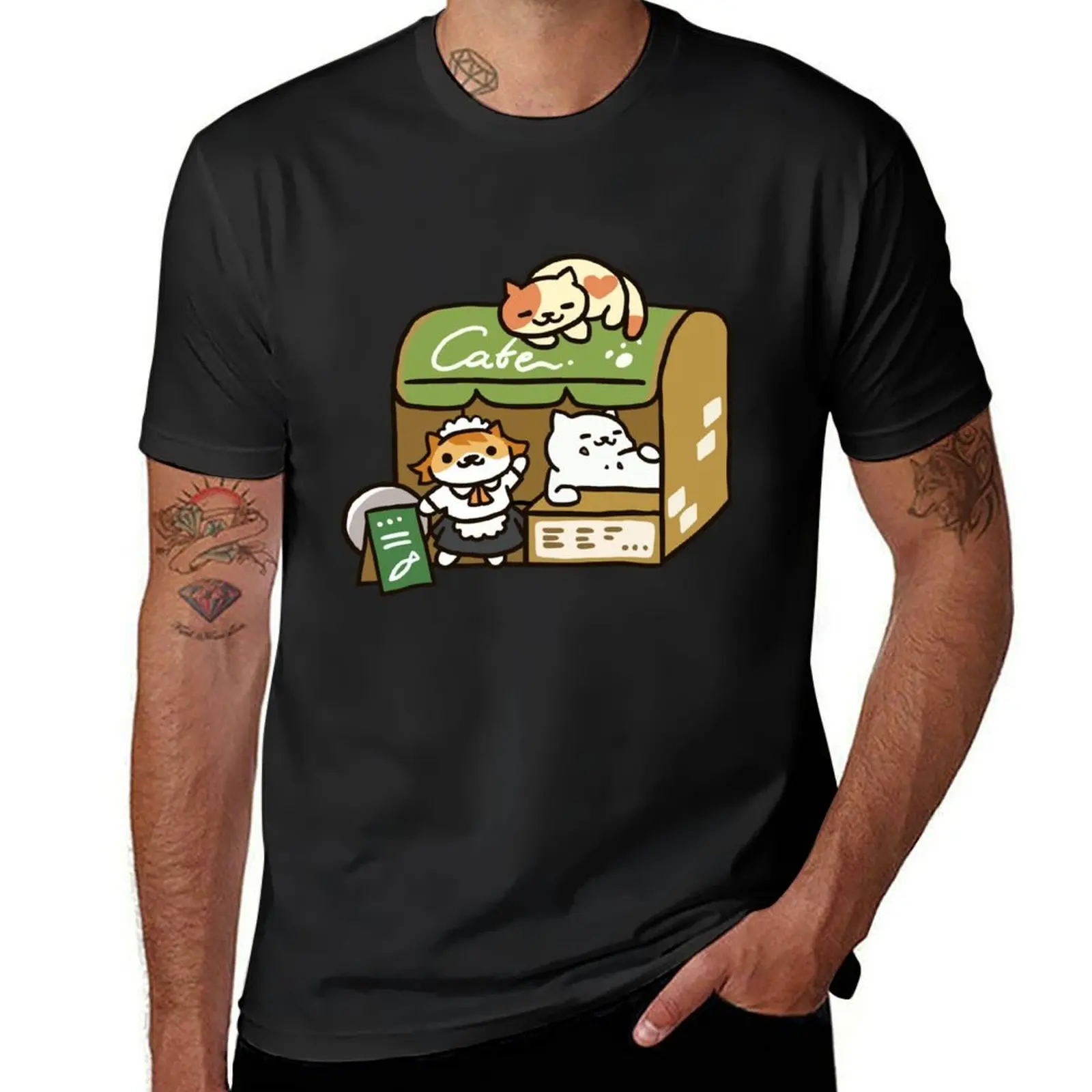 Tubbs at the Cafe - Neko Atsume T-Shirt Aesthetic clothing cute clothes plain Men's cotton t-shirt