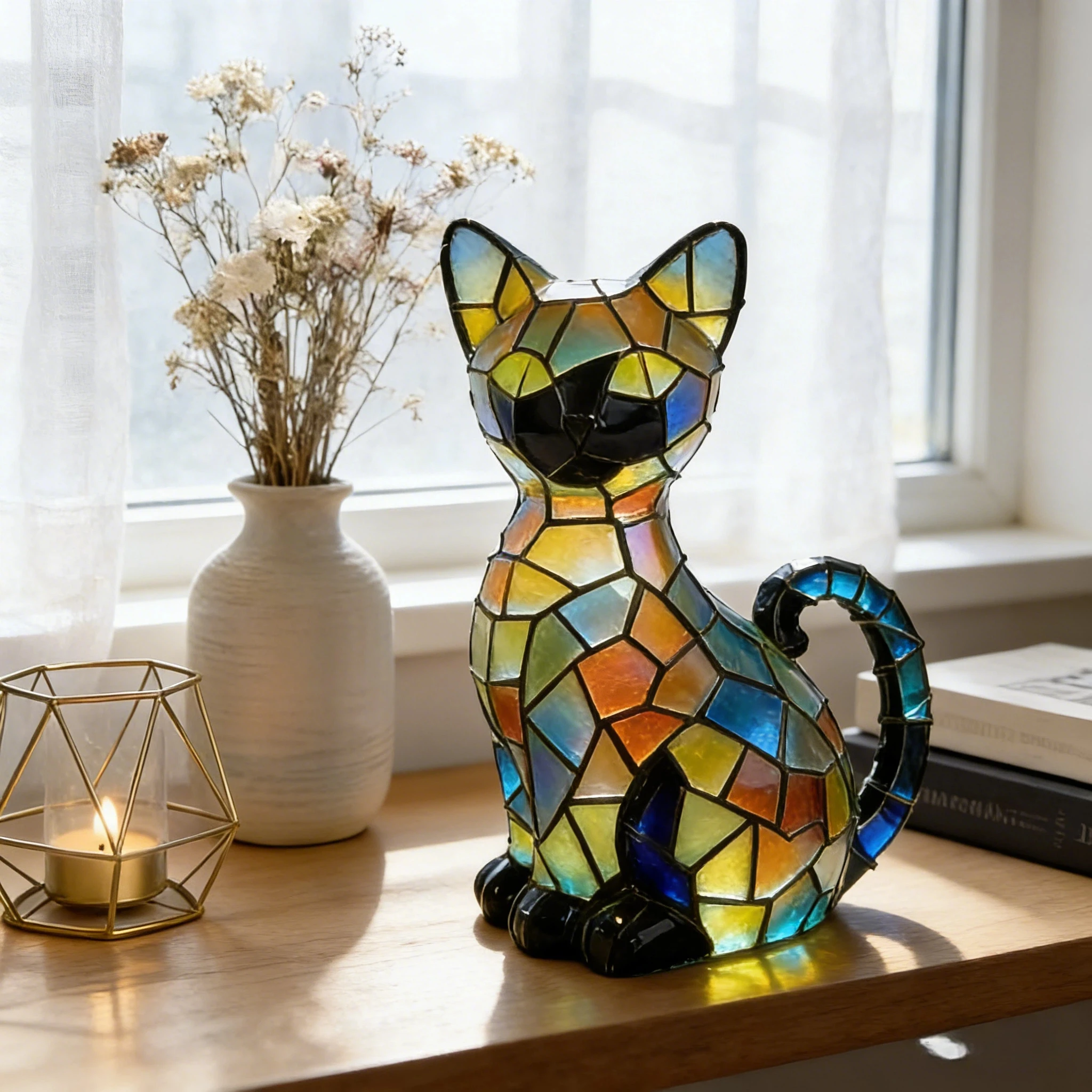 Vintage Tiffany-Style Color-Blocked Resin Cat Figurine, American and European Style Home Decor for Living Room Side Tables, Study Rooms, Bookcases, Shop Window Displays, and Decorative Items, Designed to Create a Mid-C
