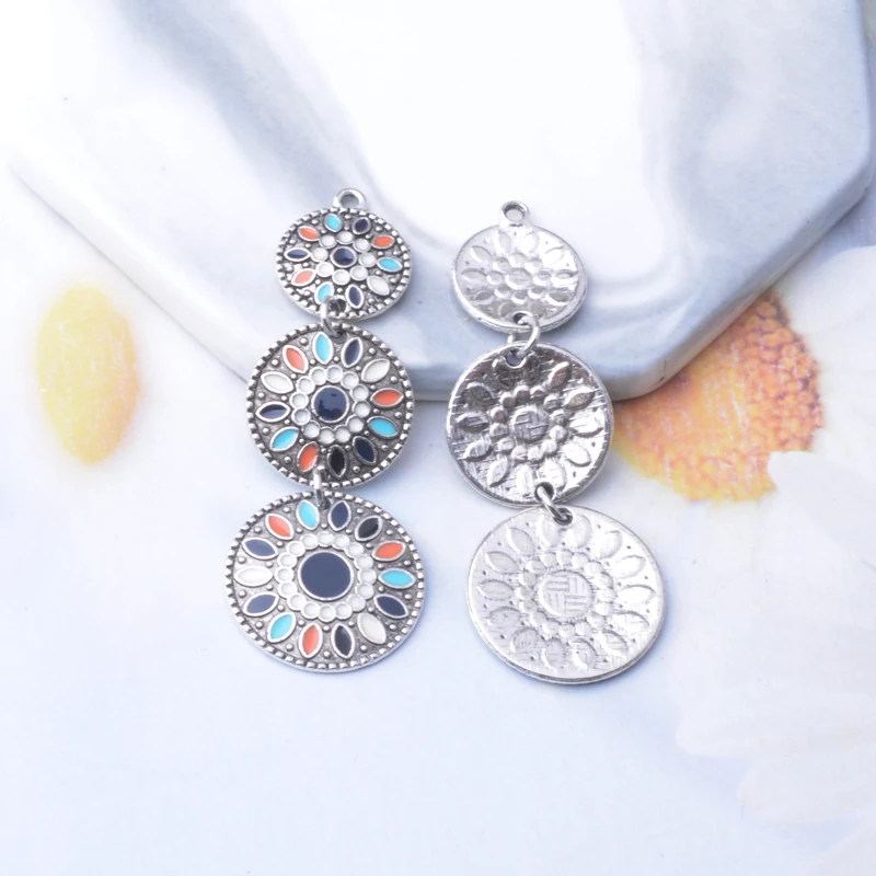 6 Stück/Set Legierung Antikbronze Silberfarben Runde Lange Anhänger Bohemian-Stil Emaille Anhänger DIY Ohrringe Schmuckzubehör – Detail 7