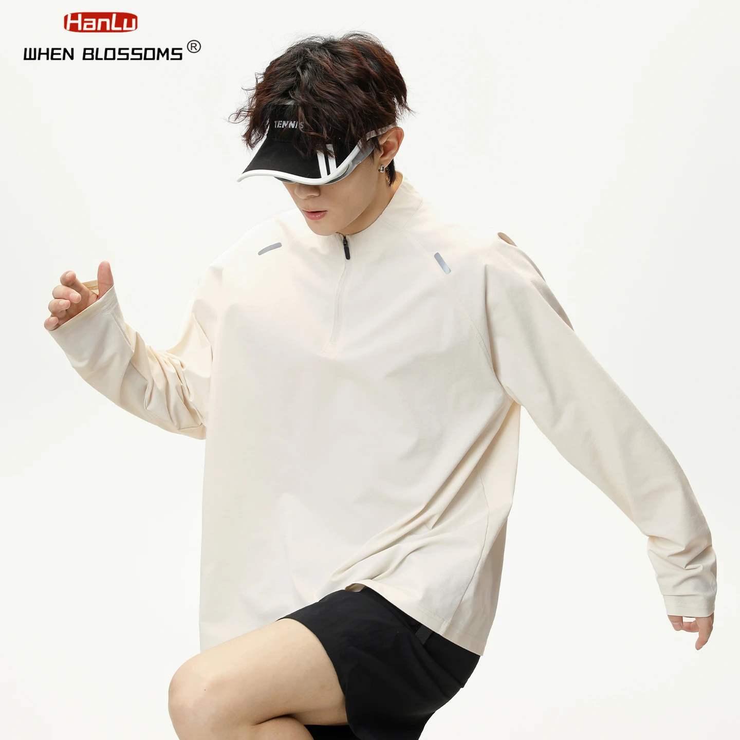 

HANGLU 2025 Men's Half-Zip Stand Collar Sports Shirt Reflective Stripe Sun Protection Breathable Loose Fit Training Top