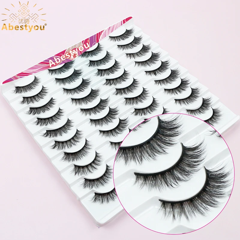 Abestyou 8mm 20Pairs Invisible Strip Soft Clear Band 3D Faux Mink Wispy Eyelash Korea High Quality Short Reusable Lashes Make-up