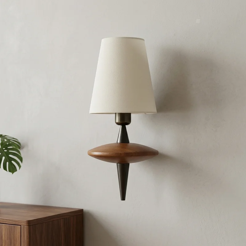 Japanese Fabric And Wood Tapered Shade Wall Mounted Bedside Bedroom Hotel Living Room Home Interior Decor Mid Century Wall Lamp