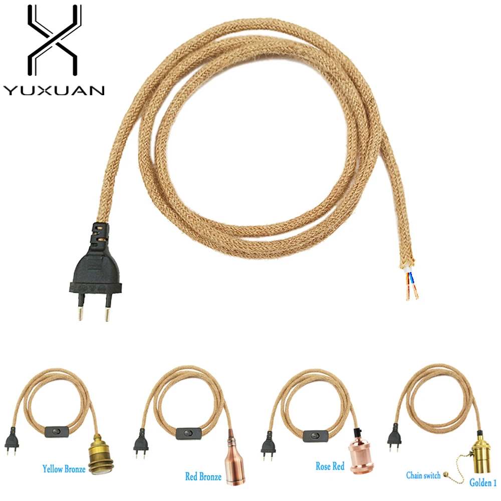 Przewody zasilane Retro liny konopne Twiste 2m 3m wtyczka ue z E26 E27 stara lampa uchwyt żarówki do dekoracji światła wiszące
