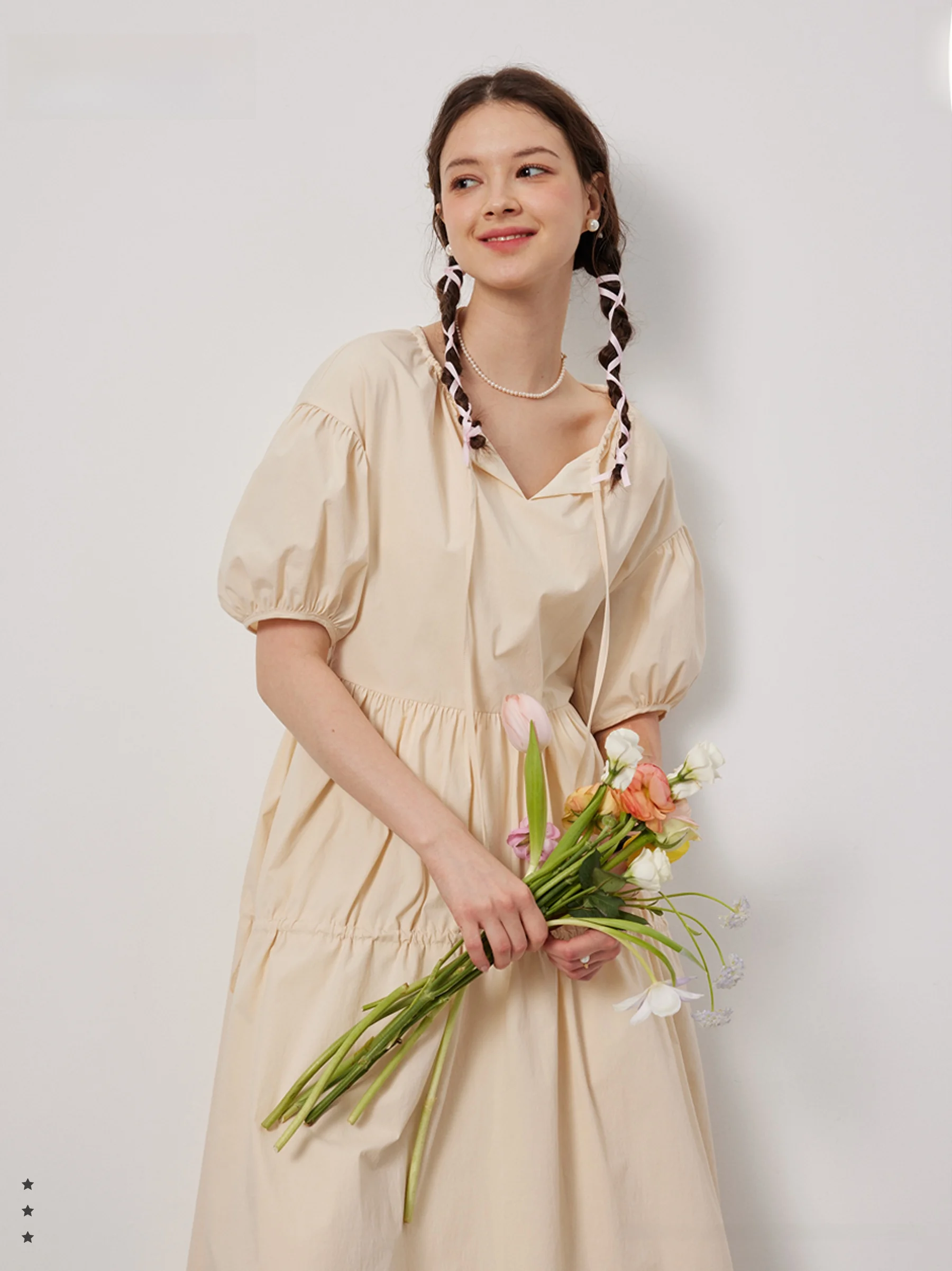 

Botanique Simple Style Girls Yellow Grey Cotton Bubble Sleeve Dress Elastic High Waist A-Line Long Dress Commute Pure Color S...