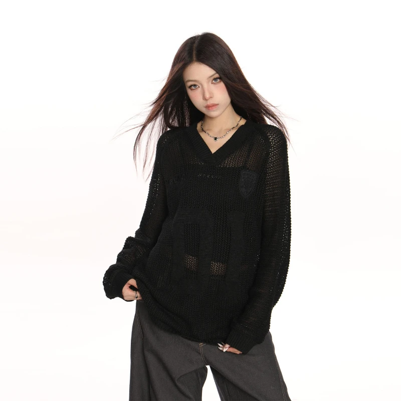 Paar Hol Gebreide Trui Borduren Grafische T-shirts Vrouwen Straat Harajuku Sexy Y2k Tops Losse Casual Trui Cover Up