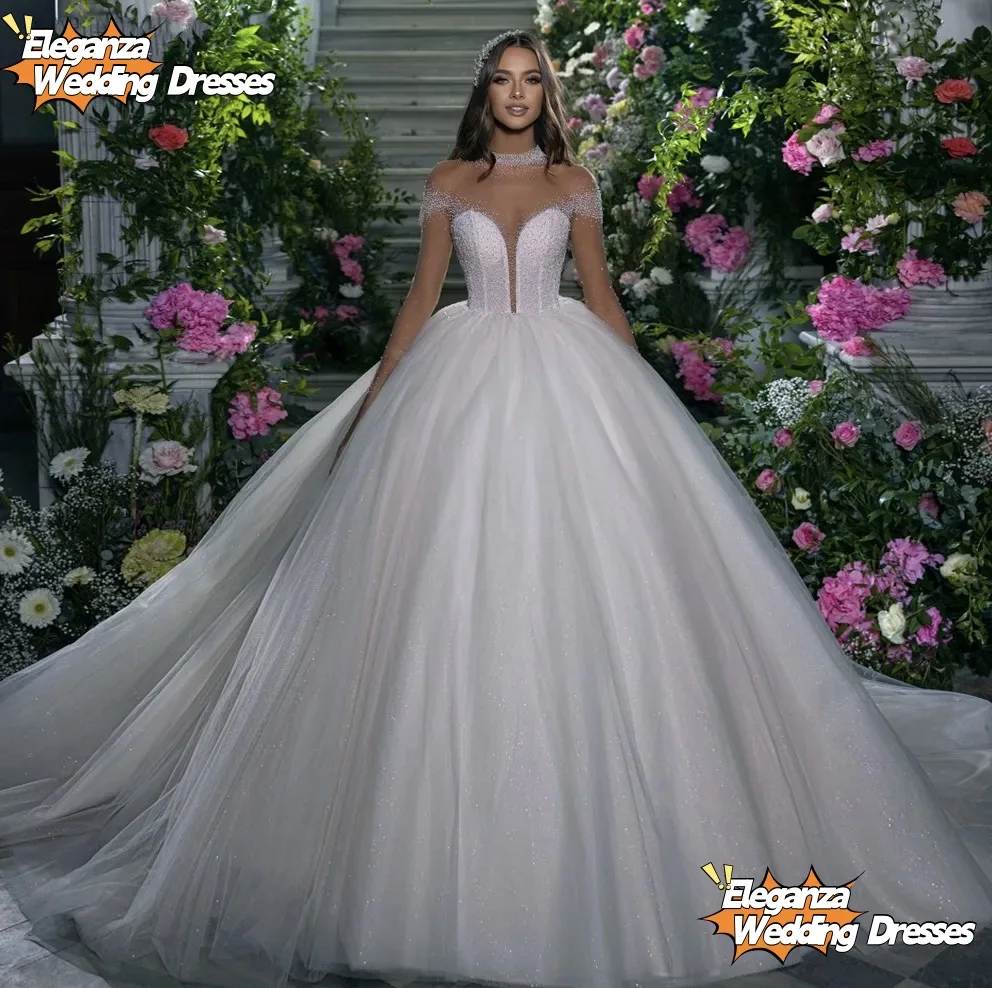 فساتين زفاف مخصصة ثوب الزفاف الديكور اللؤلؤ بلورات عالية الياقة الوهم طويلة الأكمام Vestidos De Noiva