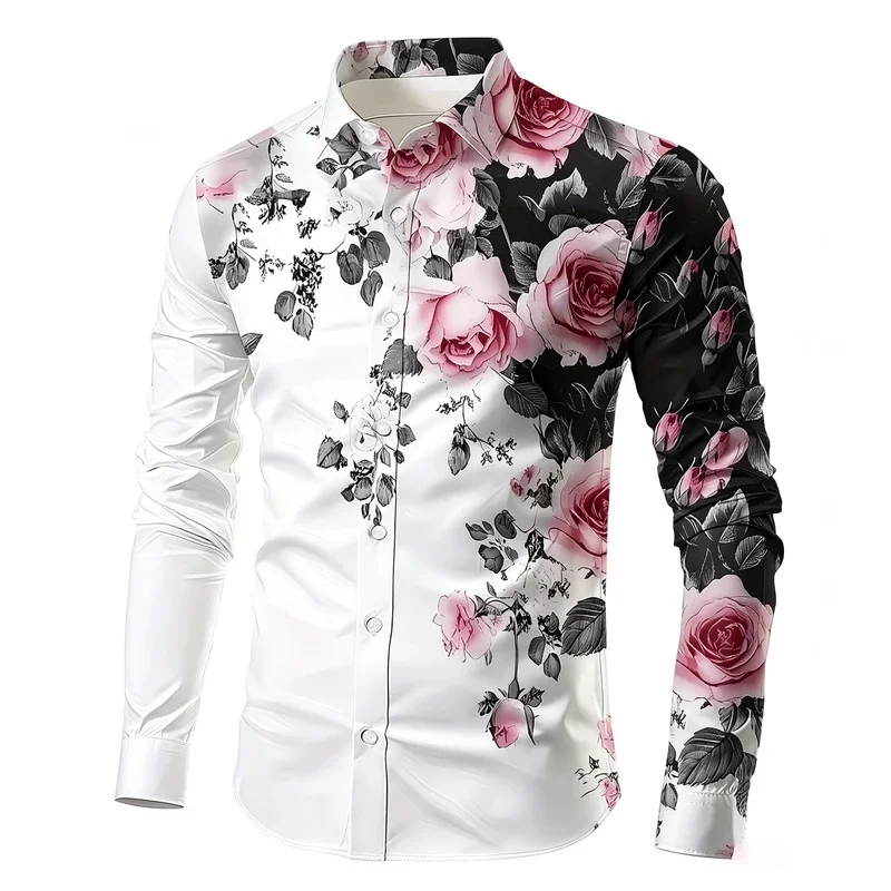 Men's long-sleeved shirt with pink rose floral print, draped collar, trendy shirt, versatile top for vacation and casual wear.