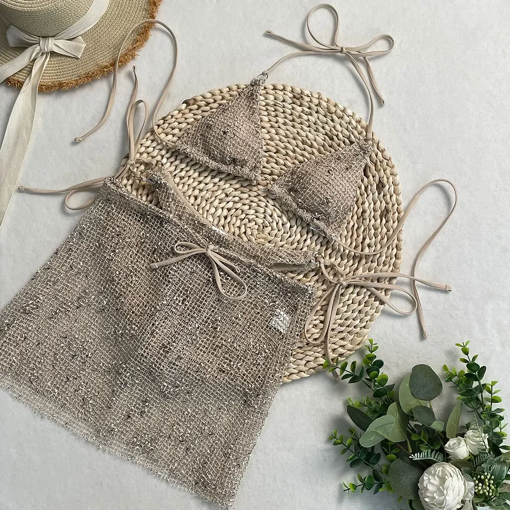 Shiny Swimsuit with Skirt Cover-Up 2025 Women's 3-Piece Bikini Set Adjustable Bathing Suit Summer Vacation Beachwear