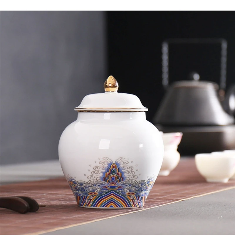 Ceramic General Jar Porcelain Tea Caddy White Colorful Clouds Desktop Organizer with Cover Kitchen Container Home Decoration