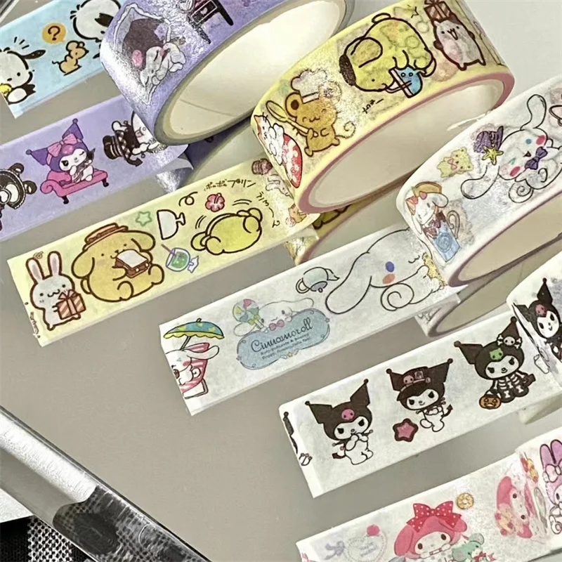 10Roll/Box Sanrio Kuromi Melody Cinnamoroll Guka Handbook Stickers Kawaii Pompompurin Pochacco Hand Account DIY Sticker Kid Toys