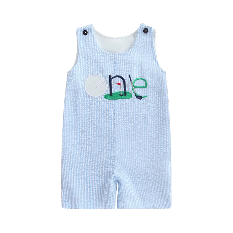 

Baby Boy Tank Romper Golf Number Embroidery Sleeveless Round Neck Stripe Jumpsuit