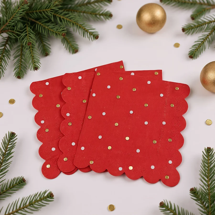 20Pcs Red Gold Polka Dot Paper Napkins Scalloped Edge Disposable Tissue Wedding Christmas Birthday Party Table Decor Supplies