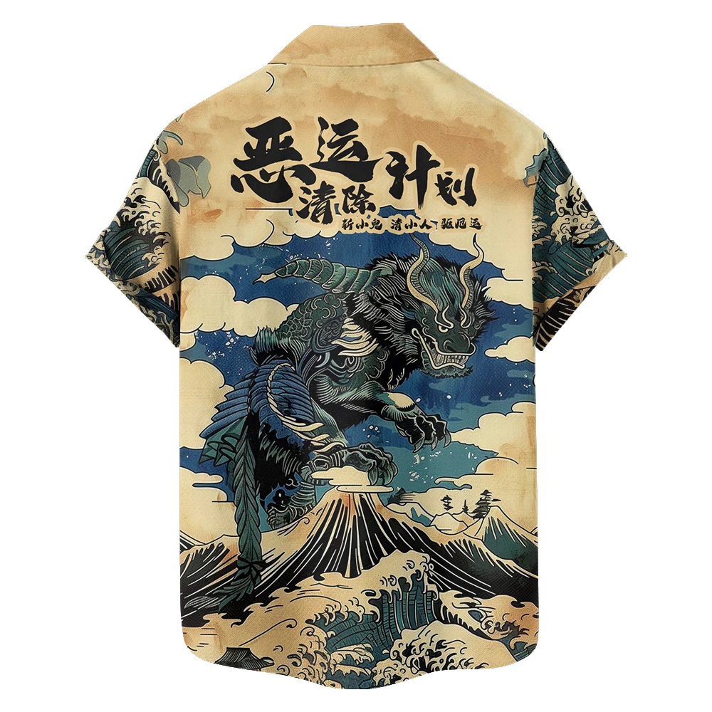 2024 new Hawaii Men\'s shirts plus size The Chinese green dragon removes bad luck printed clothing casual short-sleeved