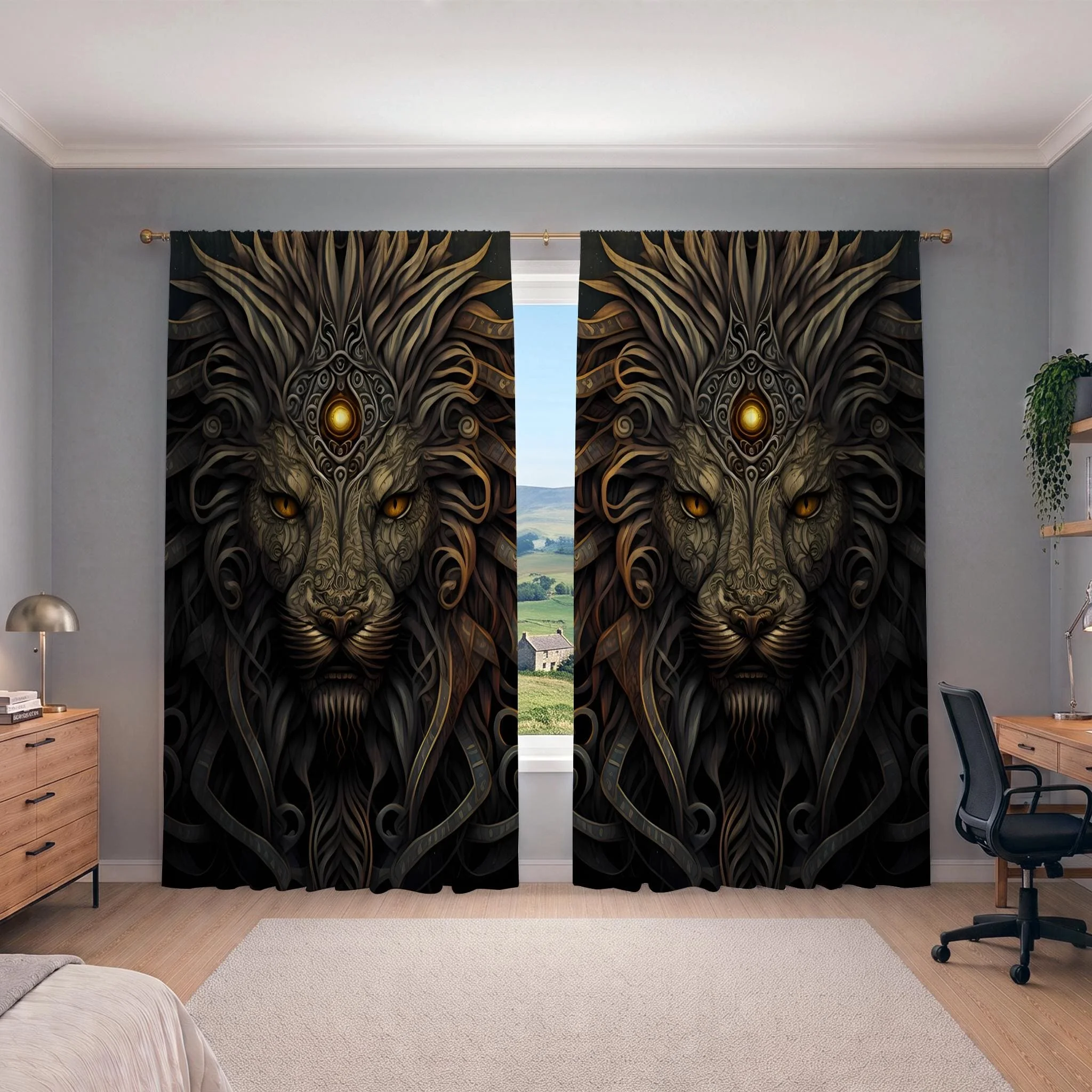 Mystic Lion Head Art Curtain Panel for Living Room Home Decor Gothic Fantasy Wall Hanging Window Treatment