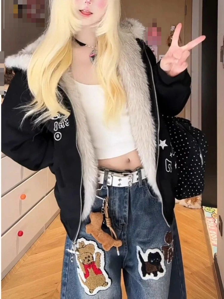 Y2K Harajuku Kawaii Zip Up Hoodie Women Furry Cat Ear Hood Paw Print Star Graphic Oversized Loose Fit Casual Streetwear Clothes
