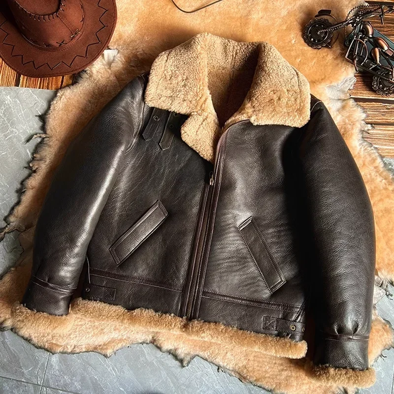 Nowa moda 2024 Męski płaszcz zimowy Prawdziwa skóra Naturalna skóra owcza Kurtka shearling Gruba wełniana podszewka Brązowy Plus Rozmiar XXXXXXL