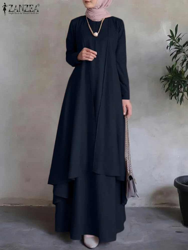 ZANZEA Autumn Fashion Muslim Dress Women Long Sleeve Abaya Sundress Casual Loose Islamic Clothing Eid Mubarek Vestidos Oversized