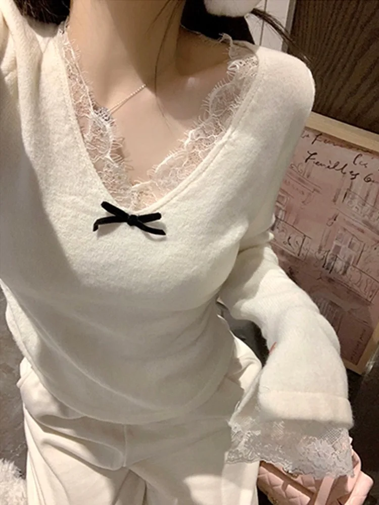 

Белый кружевной вязаный свитер, женский длинный свеч V-Ne, осень-зима, модная внутренняя одежда, ленивый слэ, высококачественная основа, простая...