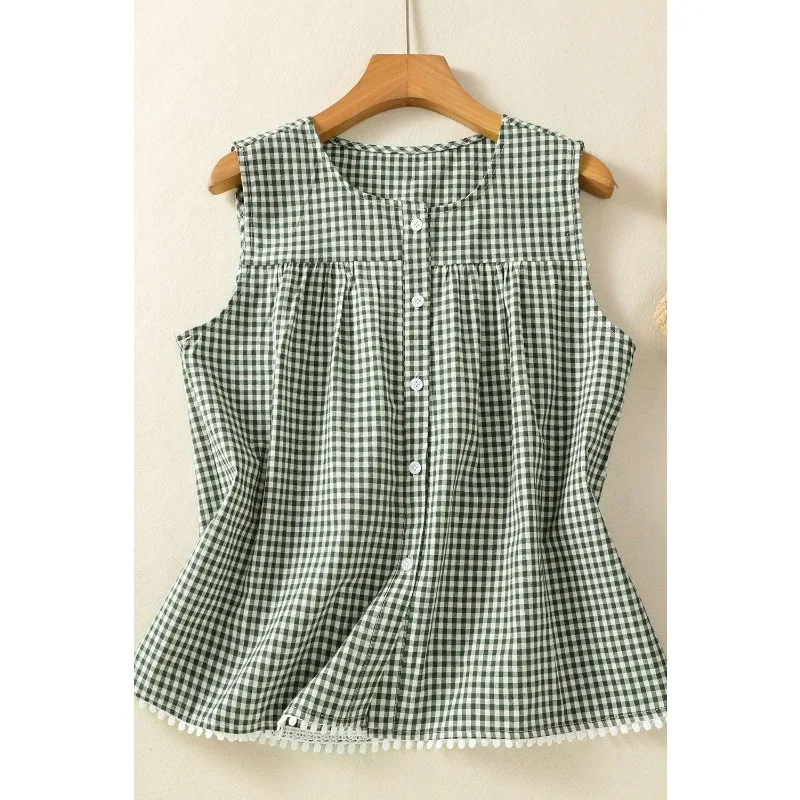 Japońska kamizelka w kratę dla kobiet, letnia odzież wierzchnia, modna koronkowa kamizelka bez rękawów.