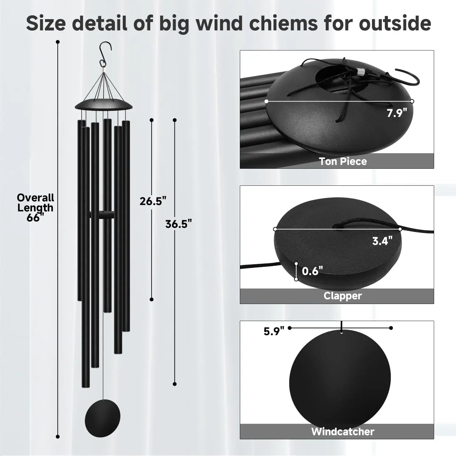 66 Inch Extra Large Outdoor Wind Chimes Deep Tone Metal Sound Chime Deep Resonance Patio Garden Porch Yard Decorative Hanging Chimes, Black