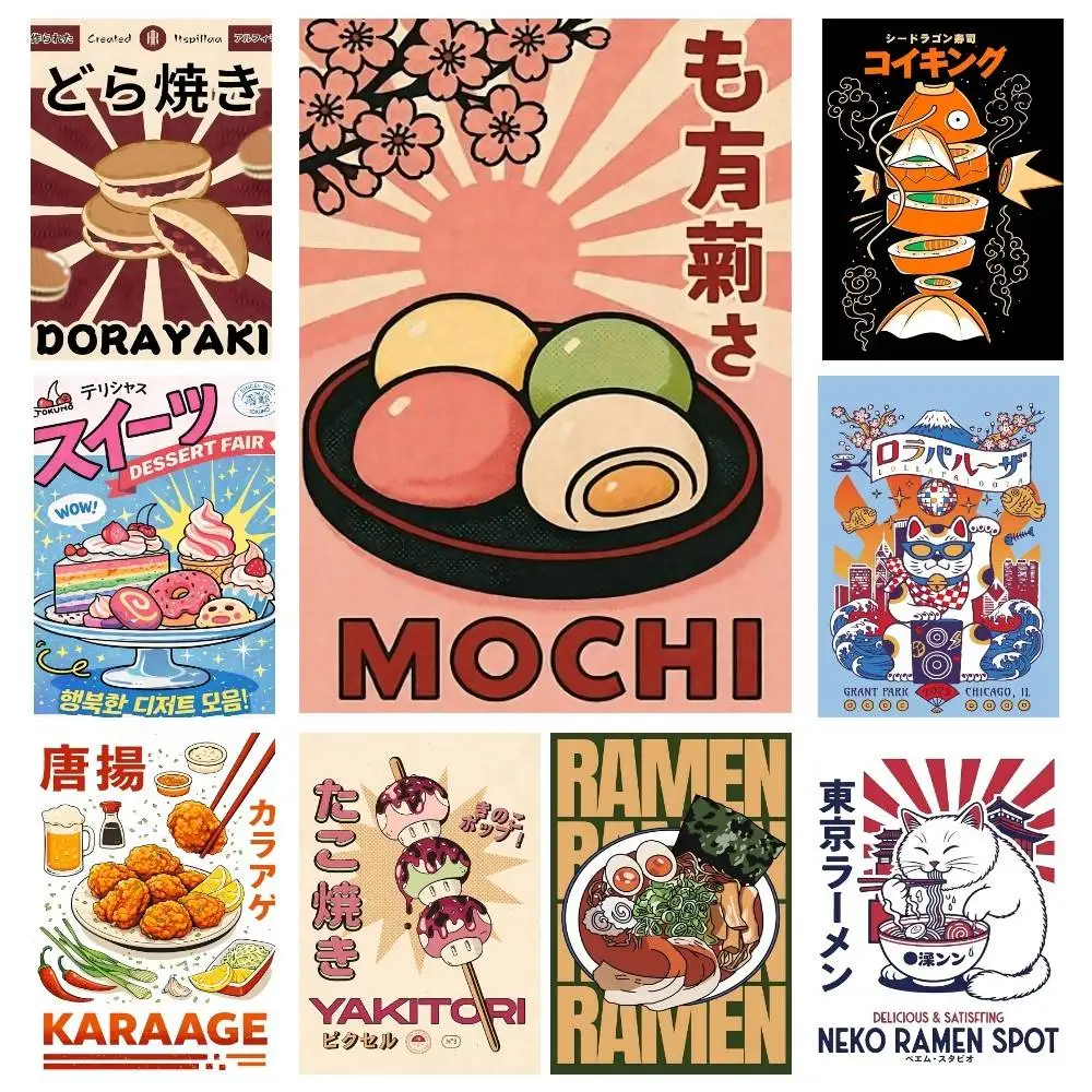 Sushi Yakitori Takoyaki Cartoon Funny Food Posters High Quality Self-adhesive Wall Art Decorations Color Prints Sticky
