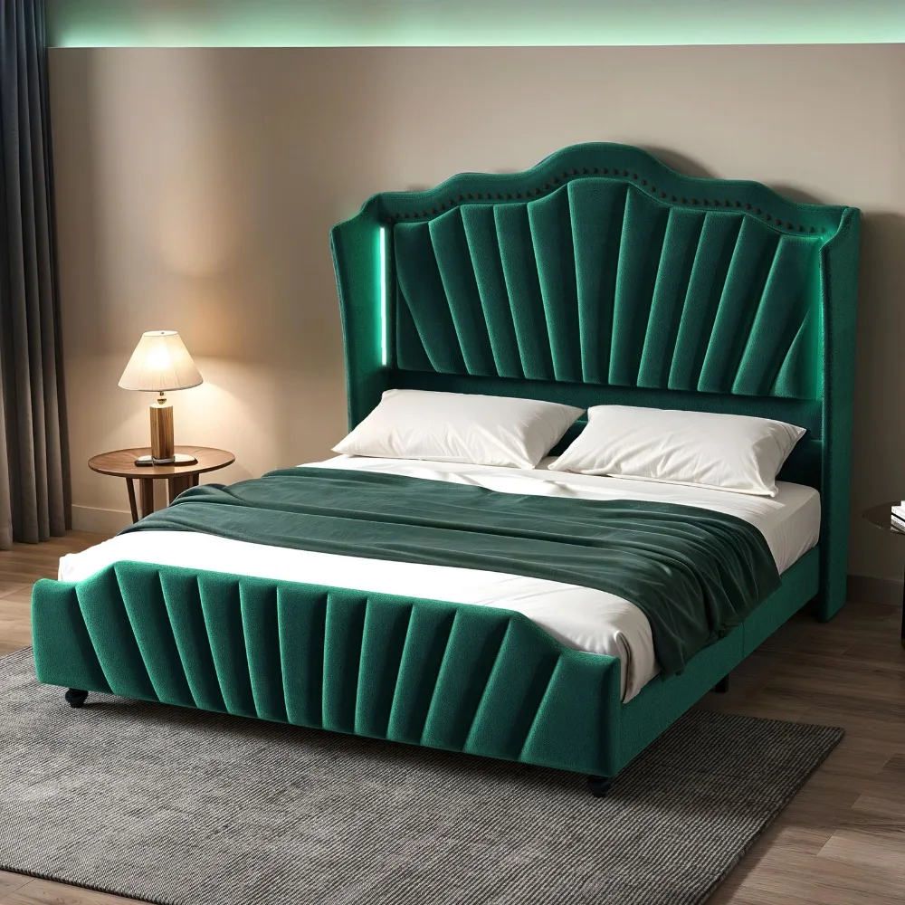 

Каркас кровати King Size на платформе с мягкой спинкой, высокое зеленое изголовье с мягкой спинкой и