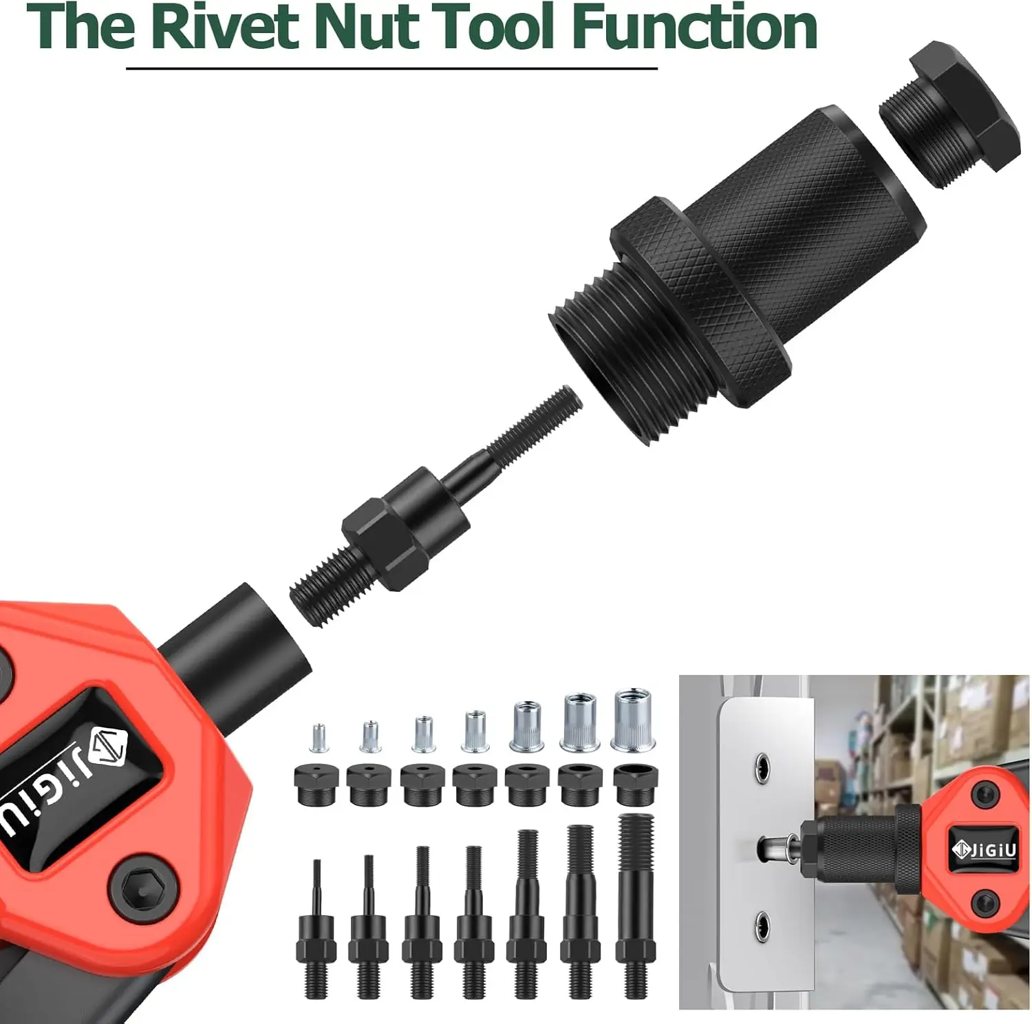 JiGiU 2-in-1 Rivet Nut Tool, 7 Mandrels, 5 Nozzles, 110 Nuts, 50 Rivets.