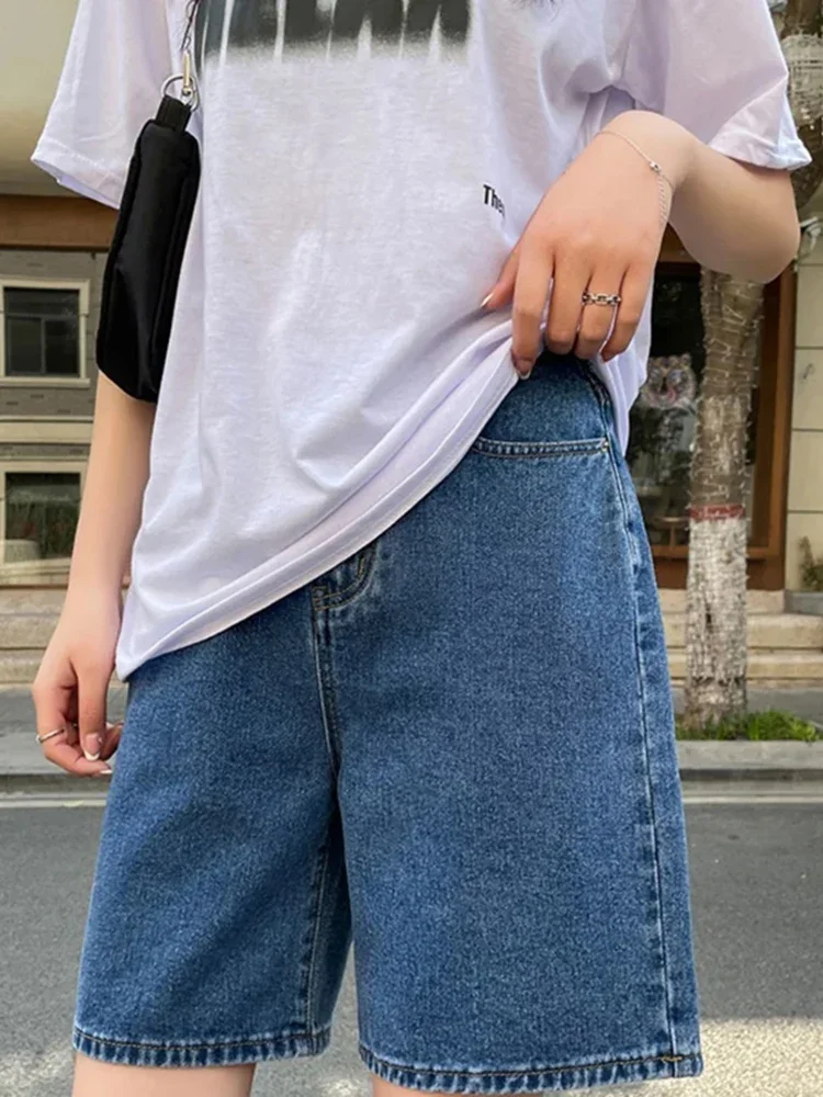 Korean High Waisted Retro Y2k Fashion Casual Straight Leg Women Jeans Summer Women's Solid Color Loose Wide Leg Denim Shorts