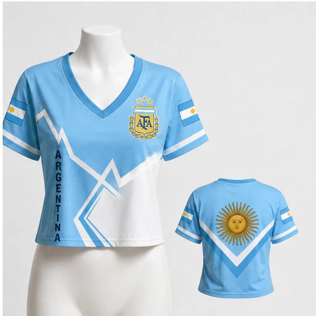 Womens Argentina V Neck Crop T Shirt Sky Blue White Sun Graphic Short Sleeve Casual Streetwear Top Summer Fashion Wear New Looks view 5