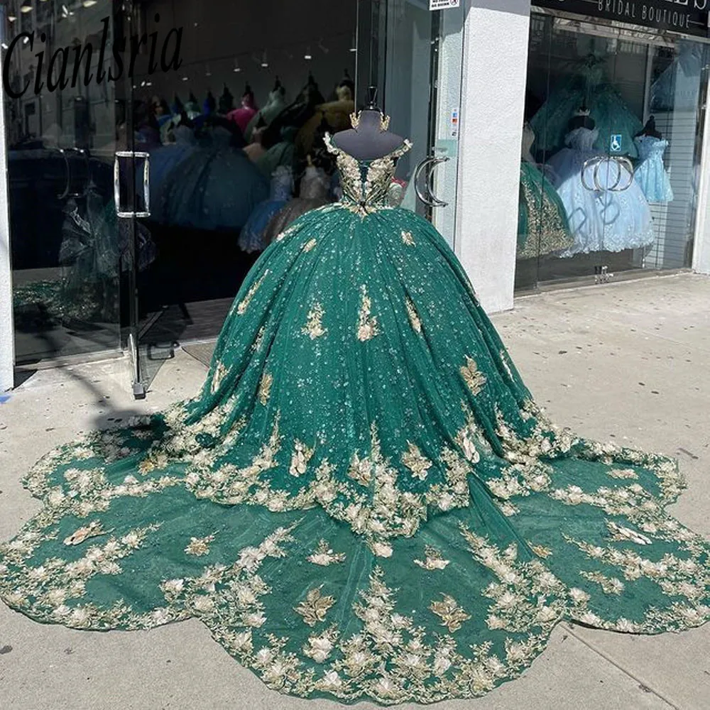 Princess Green Off The Shoulder Ball Gown Quinceanera Dress Beaded Birthday Prom Dresses For Girl Appliques Lace Up Back