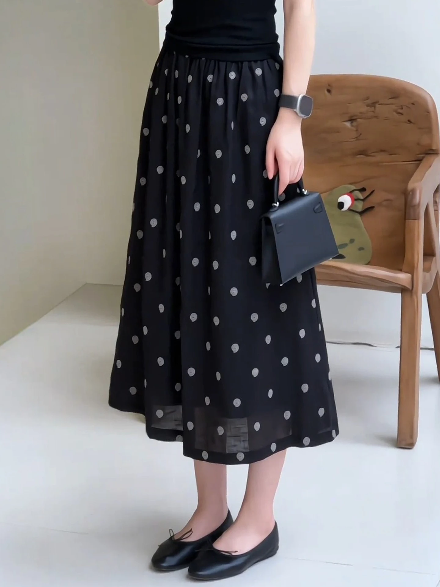 

Summer Thin A-Line Midi Skirt Women's Polka Dot Bloom High Waist Long Umbrella Skirt Slimming Korean Style Commute Dress