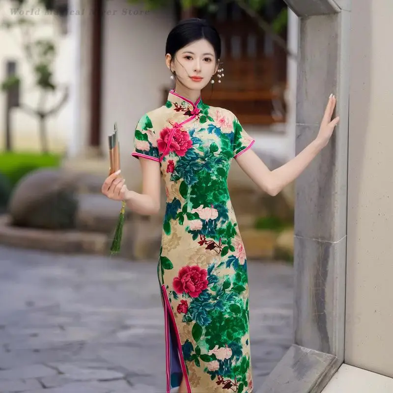 New Summer Short Sleeve Yellow Modified Chinese Qipao Elegant Daily Figure-Flattering Cheongsam Dress for Young Women