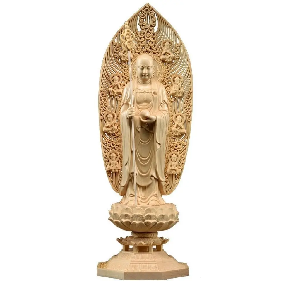 Wooden Di Zangwang large decorative figures Buddha statue Solid wood carving Home Living Room, Office Feng Shui Statue  43cm