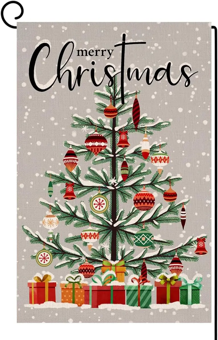 BLKWHT Christmas Tree Balls Garden Flag 12x18 Vertical Double Sided Gift Boxes Winter Holiday Outside Decorations Burlap Yard Fl