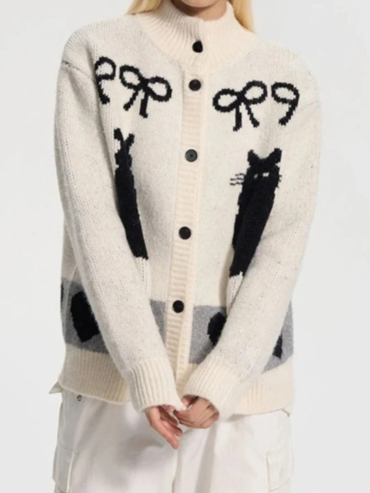 

Корейский дизайн для пар, индивидуальный жаккардовый воротник на пуговицах с котом, вязаный свитер, пальто, мужской осенне-зимний повседневный вязаный кардиган, универсальный