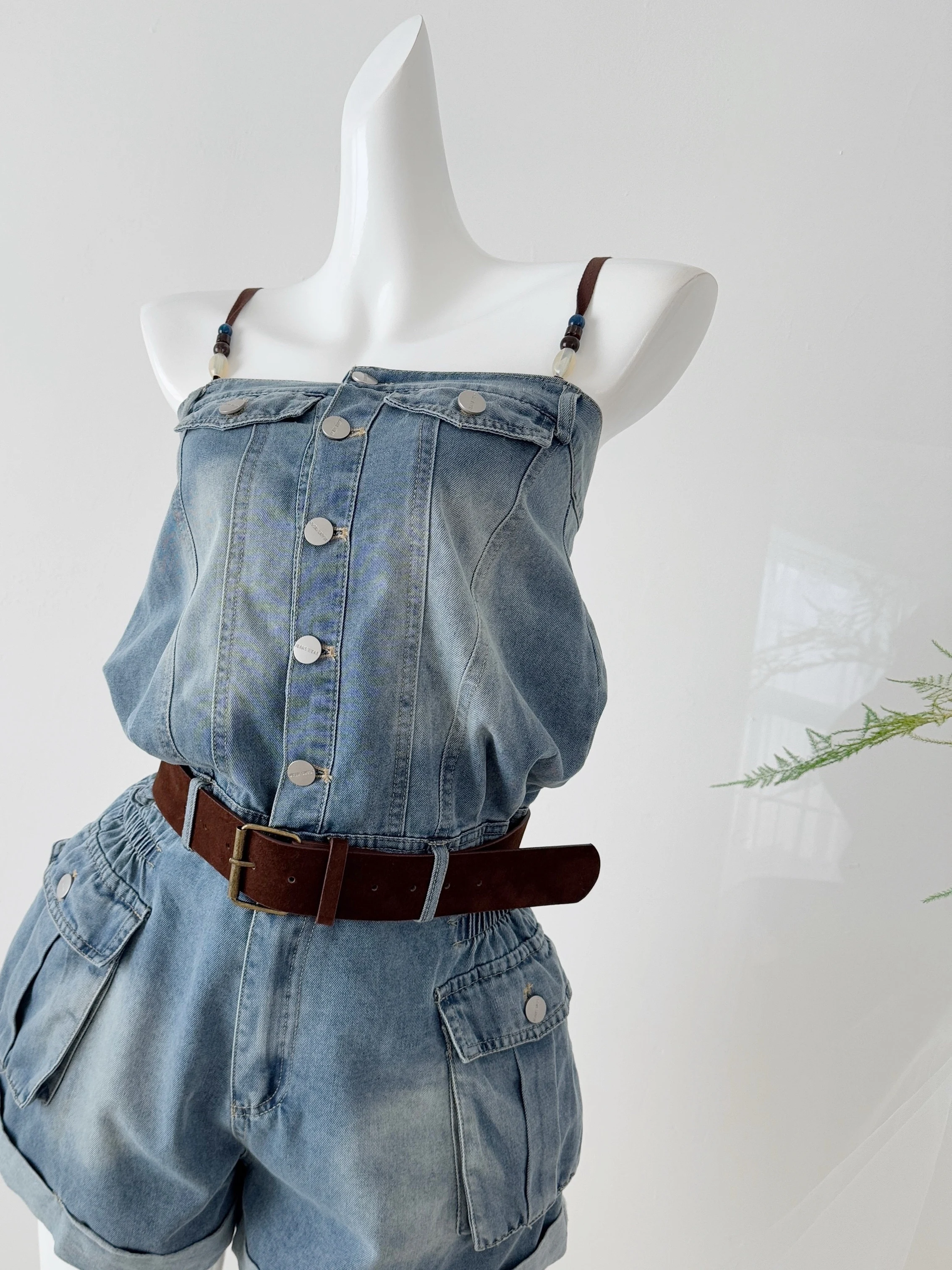 Retro American Denim Jumpsuit Women's Autumn Short Pants Workwear Overall High Waist Button Straight Leg Beach Walk Suit
